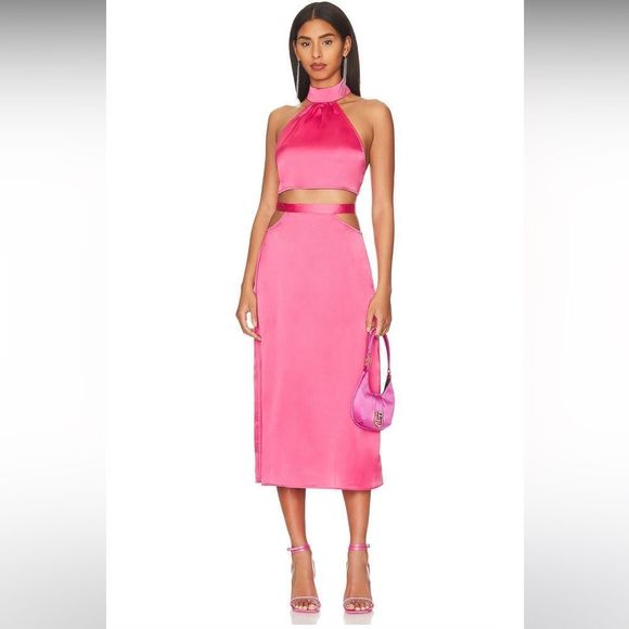 WeWoreWhat Hot Pink Satin Cut Out Skirt and Top Set - Picture 1 of 4